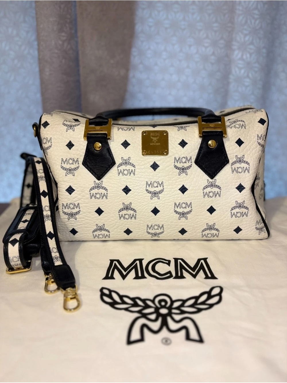 MCM White and Blue Visetos Monogram Boston Pre-Owned w/ Dustbag & COA